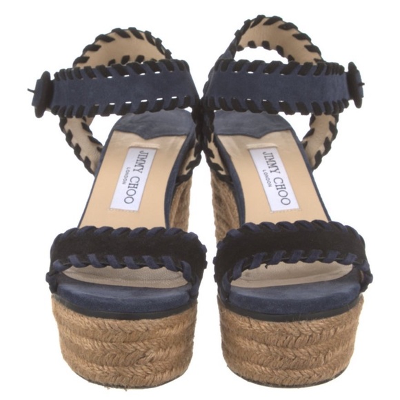 Jimmy Choo Shoes - Jimmy Choo Navy and Tan Espadrille Wedges